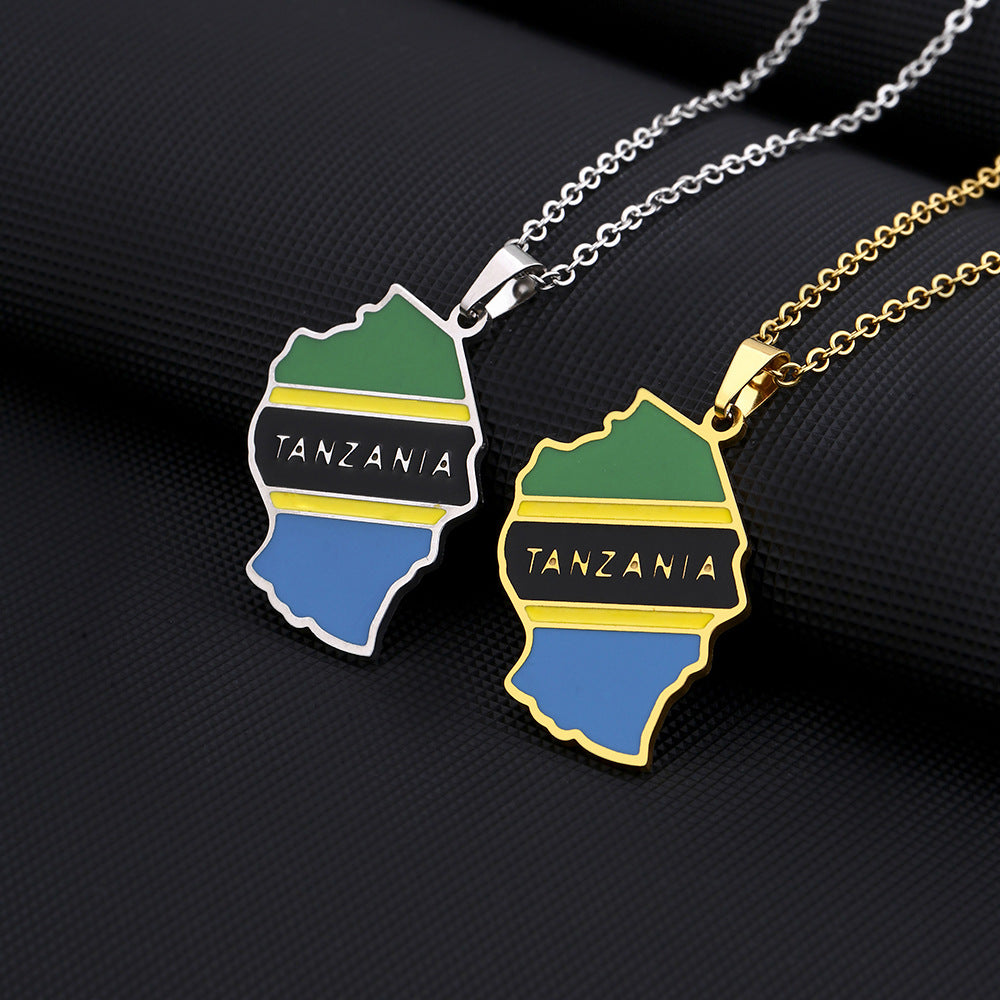 Collar con colgante de mapa de Tanzania y bandera, diseño geométrico étnico, de acero inoxidable con acabado chapado, unisex