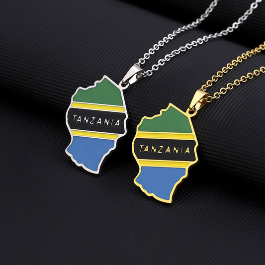 Collana con ciondolo a mappa e bandiera della Tanzania, con motivo geometrico etnico, in acciaio inossidabile con finitura placcata, unisex