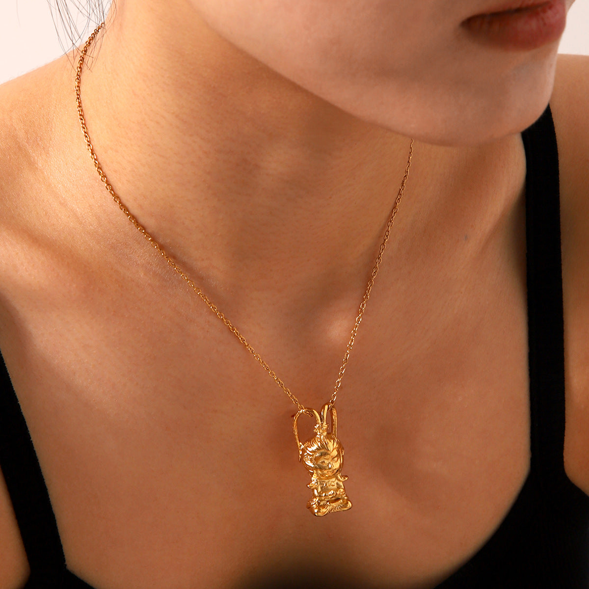 Minimalist Monkey-Shaped Stainless Steel Pendant Necklace with 18K Gold Plating and O-Chain for Women
