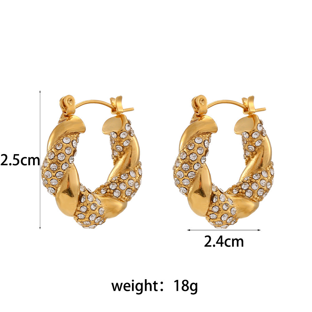 Orecchini a cerchio intrecciati minimalisti di lusso con geometria in acciaio inossidabile placcato oro 18 carati e intarsio in zircone