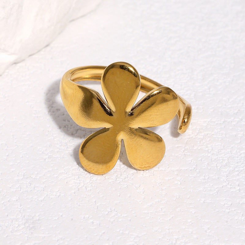 Sweet Minimalist Floral Plated Stainless Steel Adjustable Ring for Women