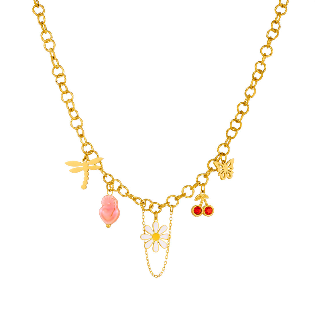 Sweet Drip Oil Floral Stainless Steel Necklace with Cherry and Daisy Pendant