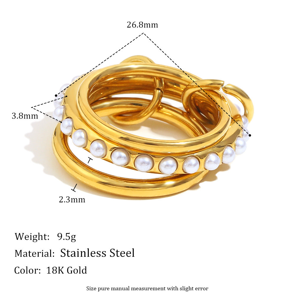 Minimalist Geometric Stainless Steel Ring Set with 18K Gold Plating and Simulated Pearl Accents for Women