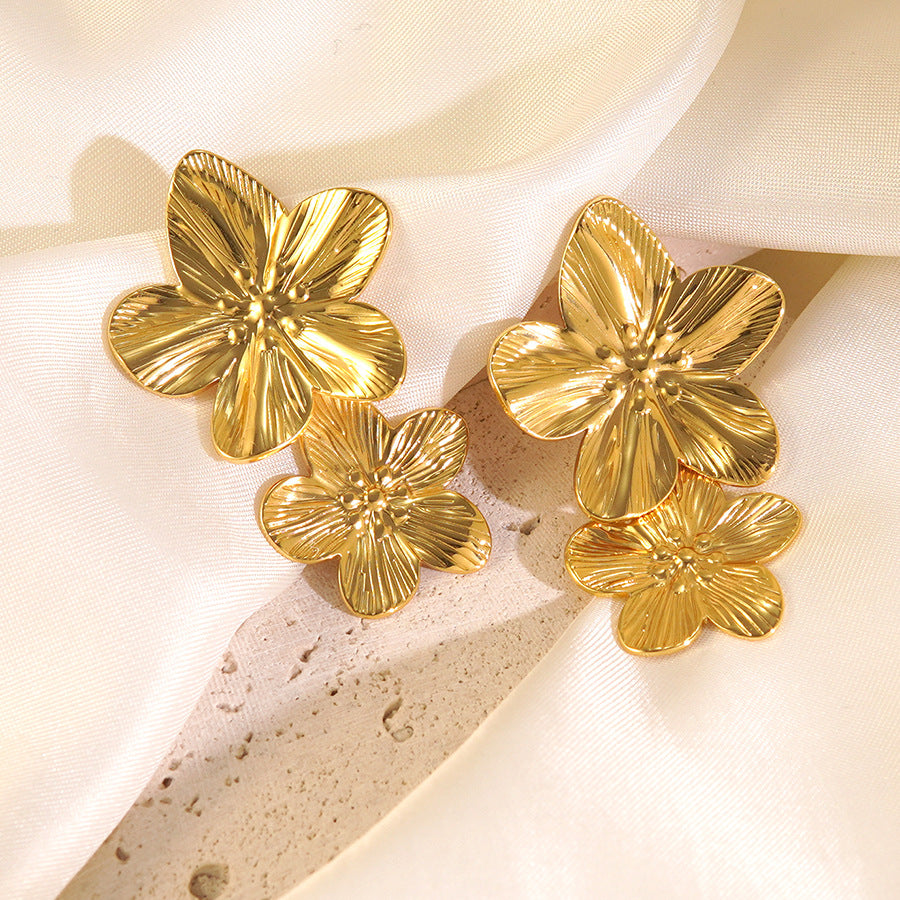 Luxury Elegant Floral Plated Stainless Steel Flower Earrings for Women