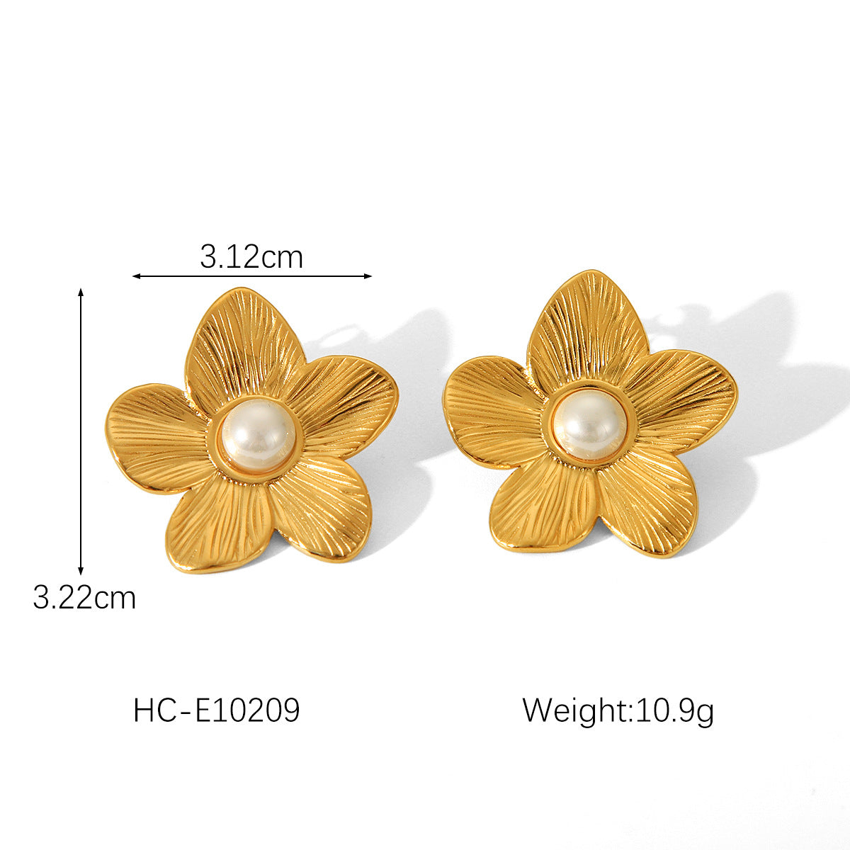 Fashion 18K Gold Plated Textured Five-Petal Flower Stainless Steel Stud Earrings for Women