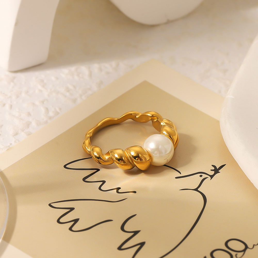 Vintage Geometric Stainless Steel Ring with Pearl Accents and 18K Vacuum Plating for Women