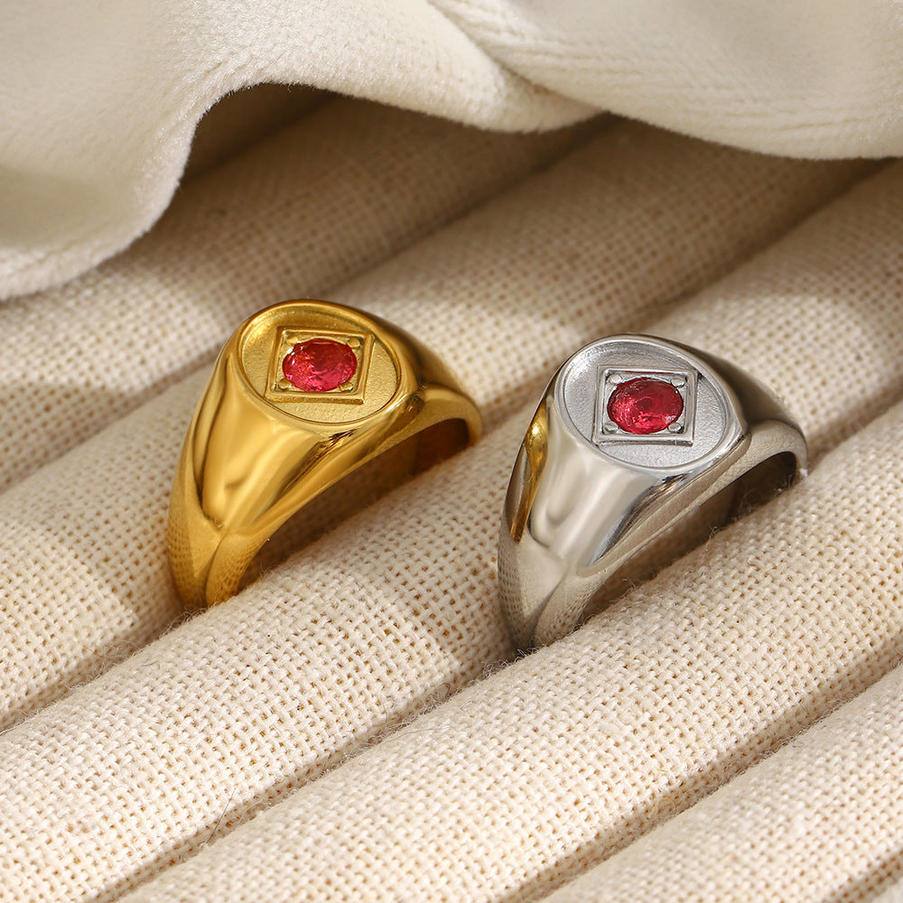 Vintage 18K Gold Plated Geometric Round Stainless Steel Ring with Red Rhinestone for Women