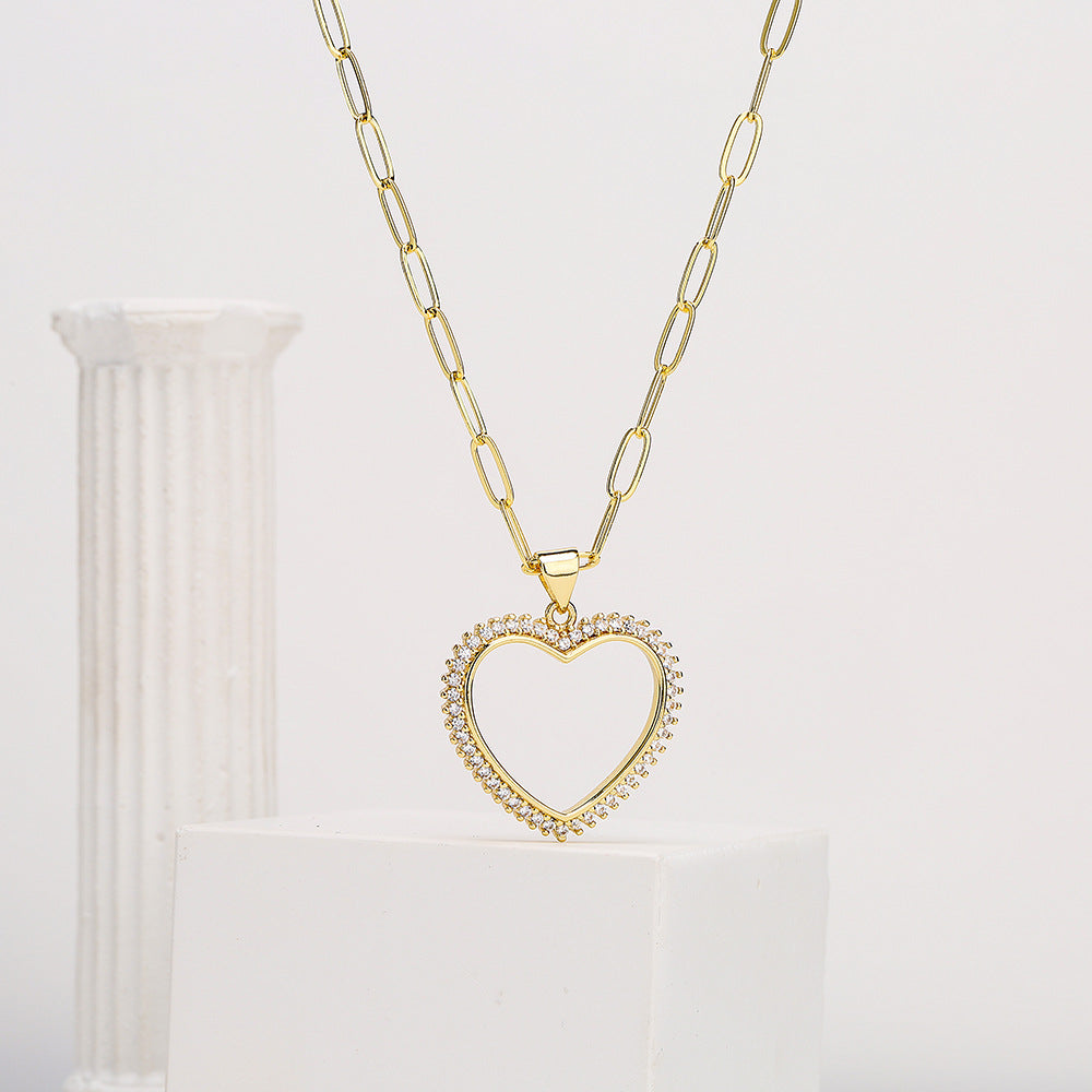 Minimalist Hollow Heart Pendant Necklace in Copper with Real Gold Plating and Zircon Inlay for Women