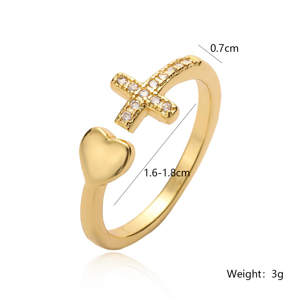 Minimalist Geometric Cross and Heart Shaped Copper Ring with Micro-Pavé Zirconia for Women