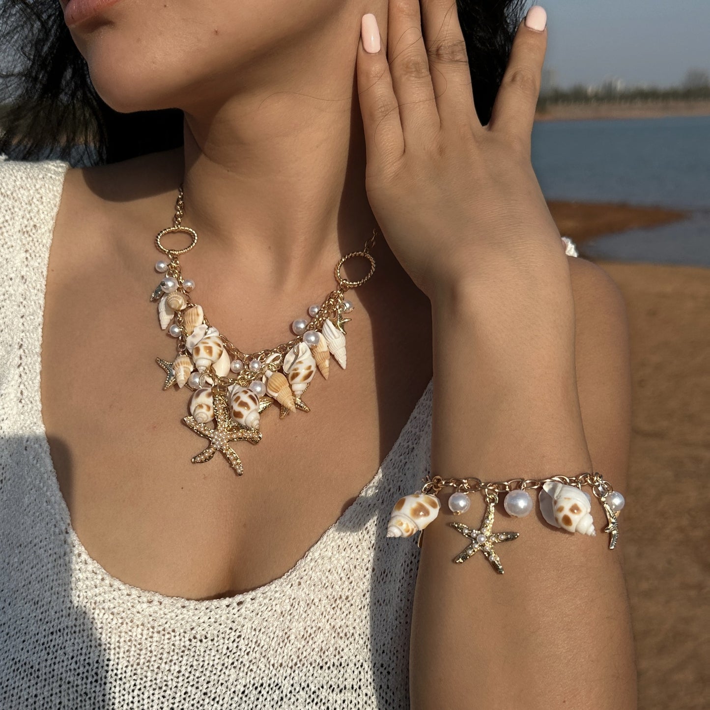 Collana da donna con ciondolo a conchiglia e stella marina in lega geometrica bohémien