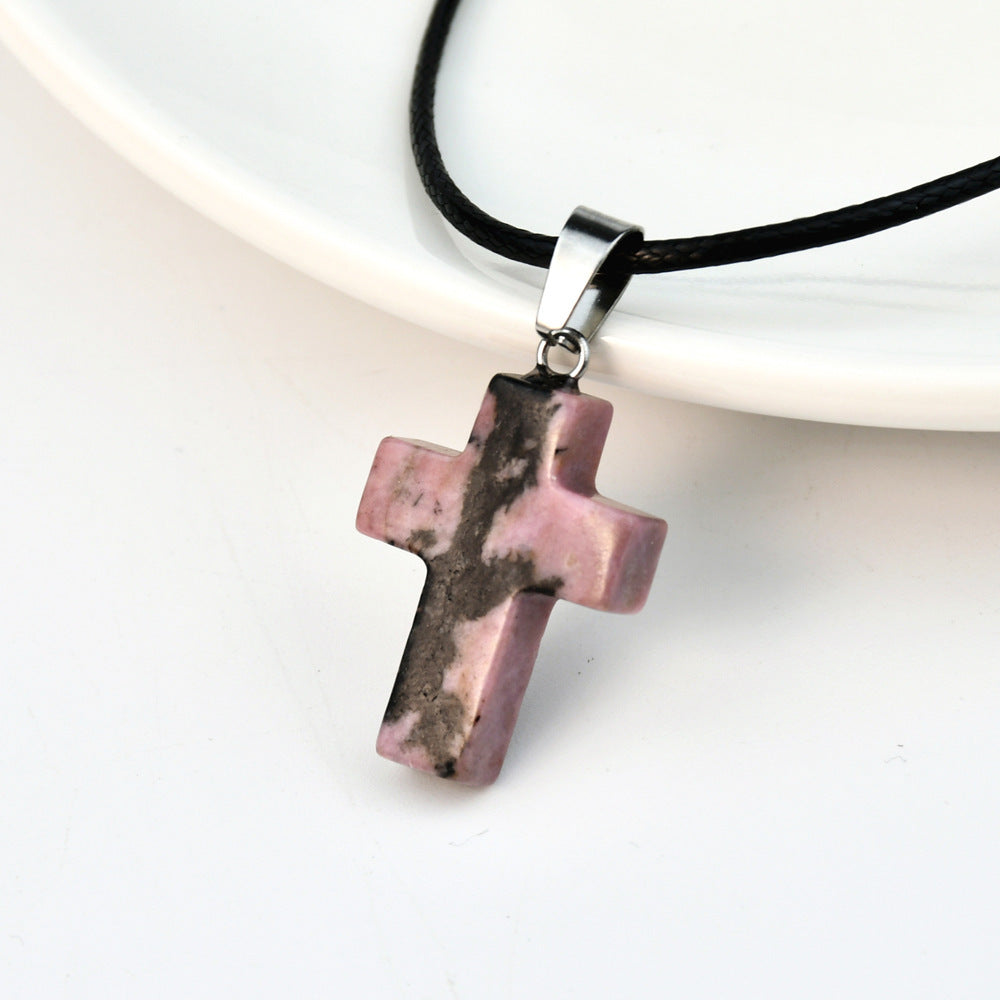 Minimalist Cross Crystal Agate Turquoise Pendant Necklace Unisex