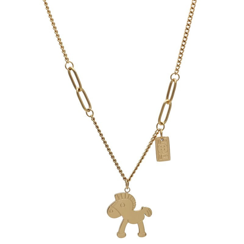 Original Design Animal Shape Titanium Steel Plated Clavicle Necklace for Women and Men with Lucky Horse Motif