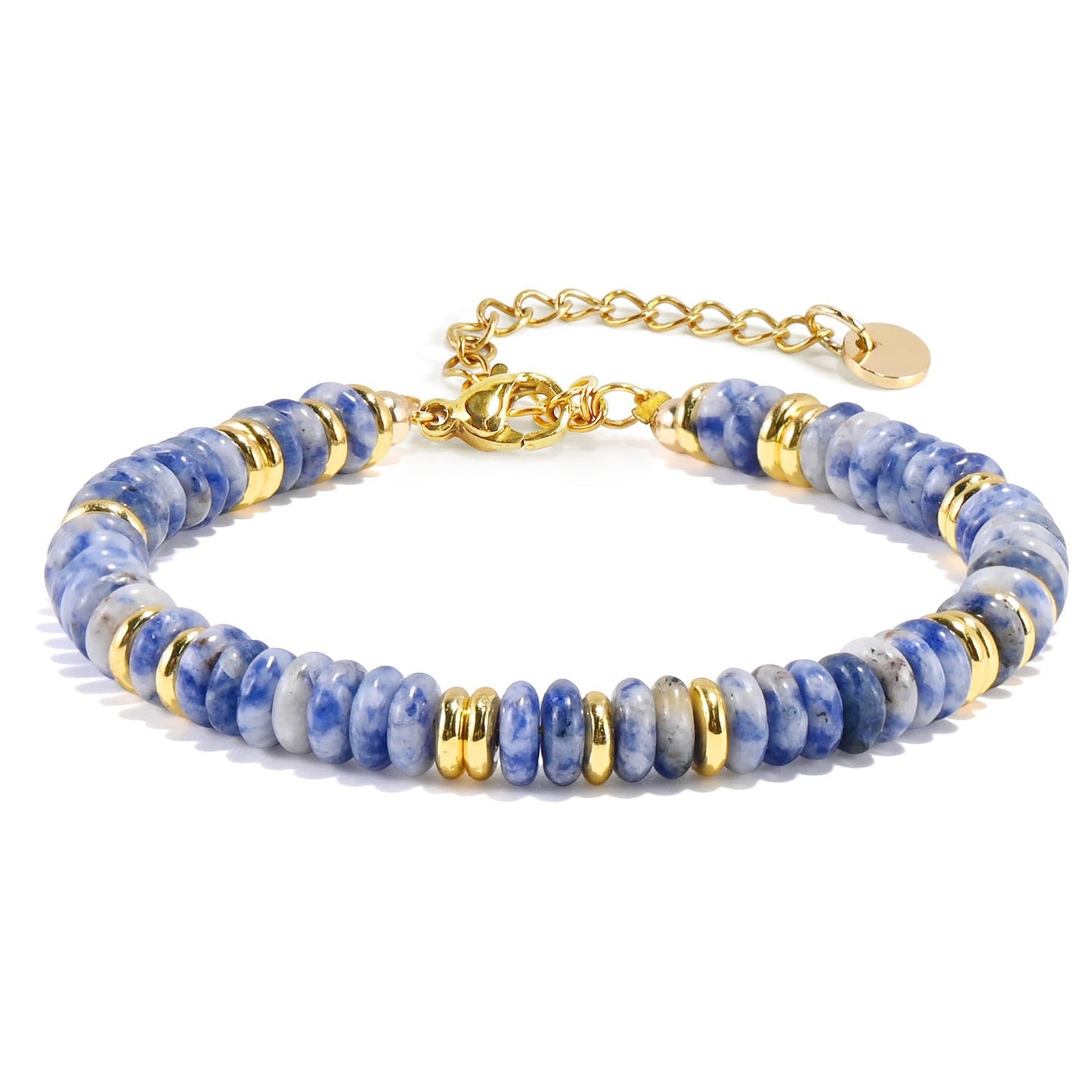 Fashion Geometric Round Natural Gemstone Beaded Bracelet with Gold Spacers and Lobster Clasp Adjustable Unisex Jewelry