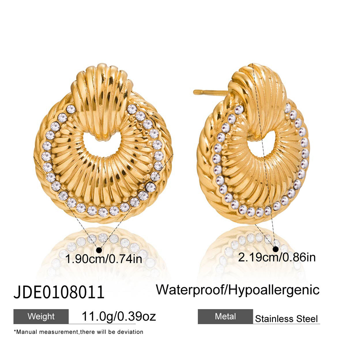 Orecchini a perno geometrici in acciaio inossidabile placcati oro 18 carati con strass da donna