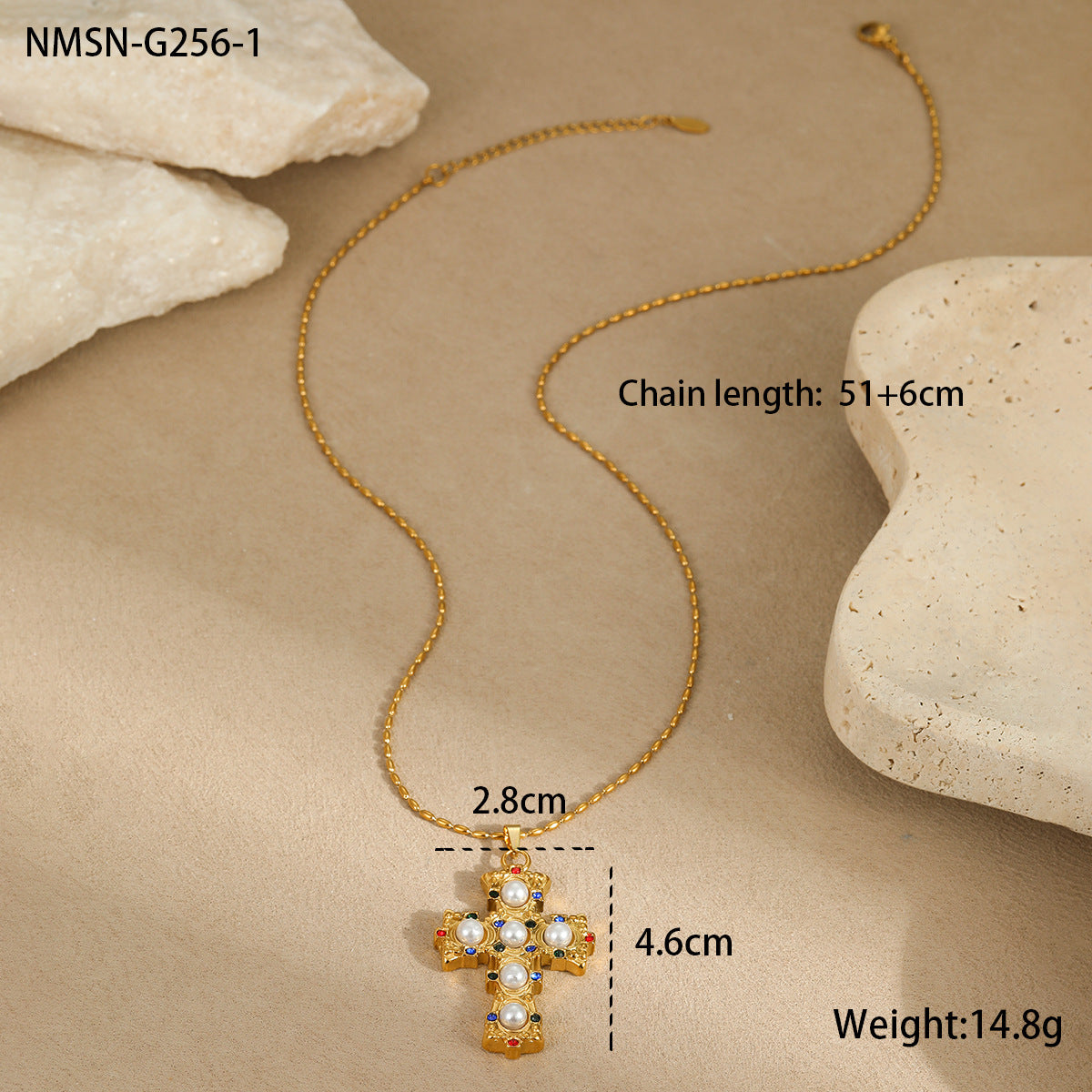 Collar con colgante de cruz de moda en acero inoxidable con baño de oro de 18 quilates y incrustaciones de pedrería colorida, diseño geométrico para mujer