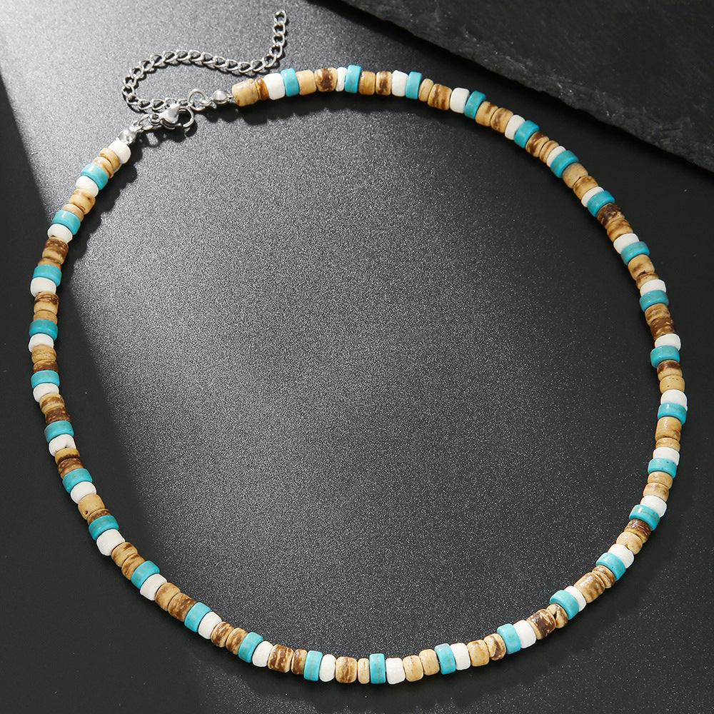 Streetwear Geometric Handmade Stainless Steel Wood Coconut Shell Turquoise Ball Chain Necklace for Unisex