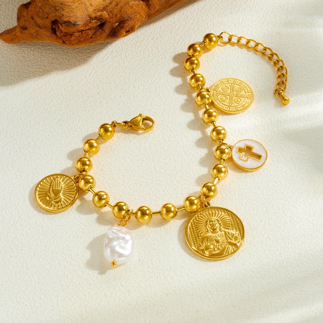 Vintage Gold Plated Stainless Steel Round Cross Relief Portrait Shell Pearl Necklace and Bracelet Set with Ball Chain