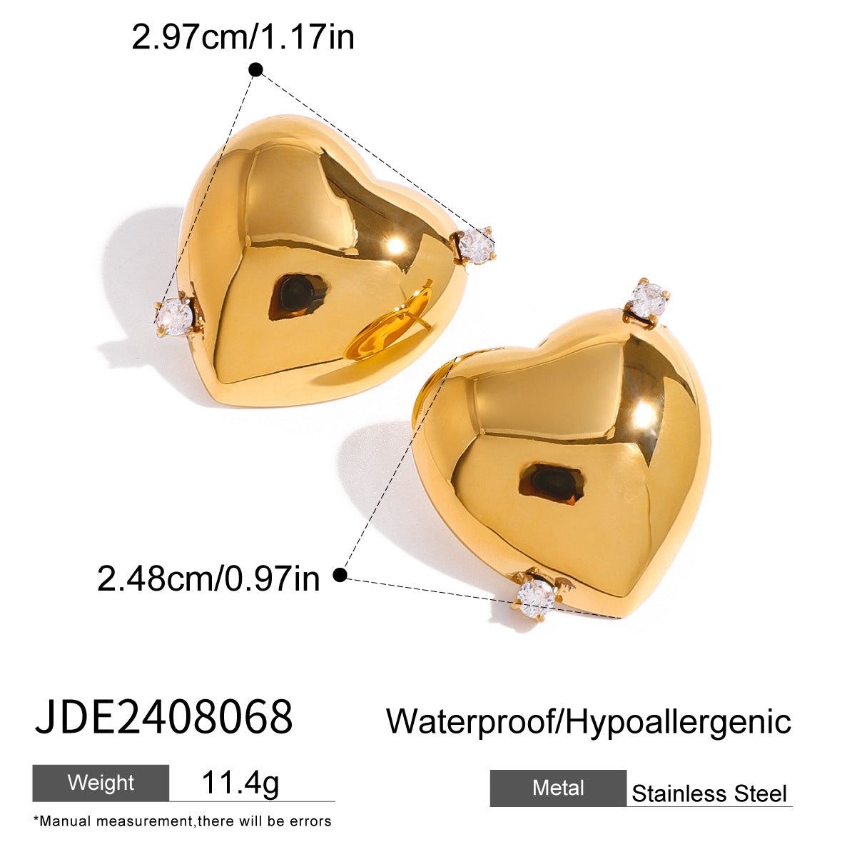 Pendientes de botón minimalistas en forma de corazón de acero inoxidable con incrustaciones de diamantes de imitación, acabado de acero de titanio hipoalergénico, elegante joyería de moda para mujer