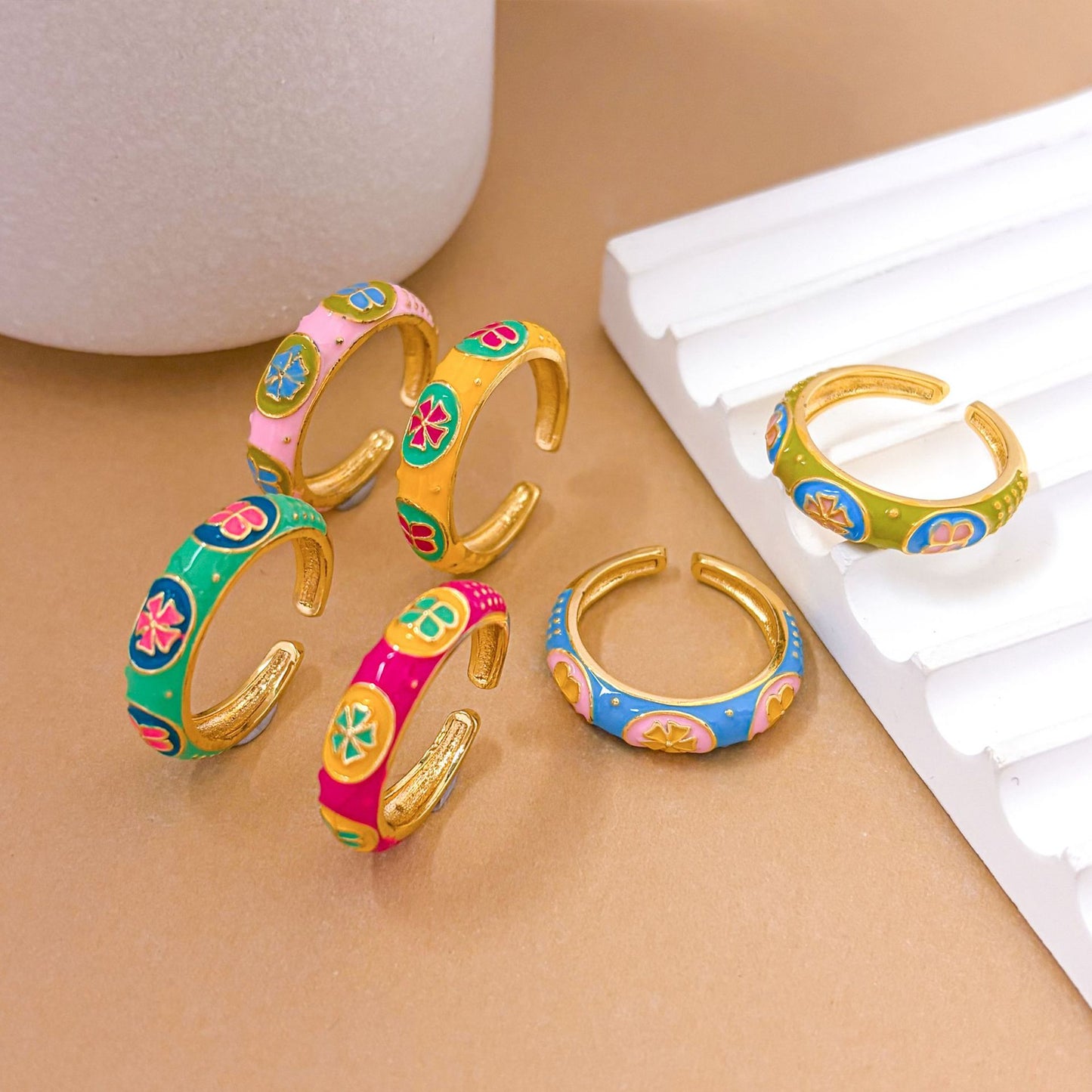 Sweet Minimalist Floral Enamel Gold Plated Brass Adjustable Ring for Women