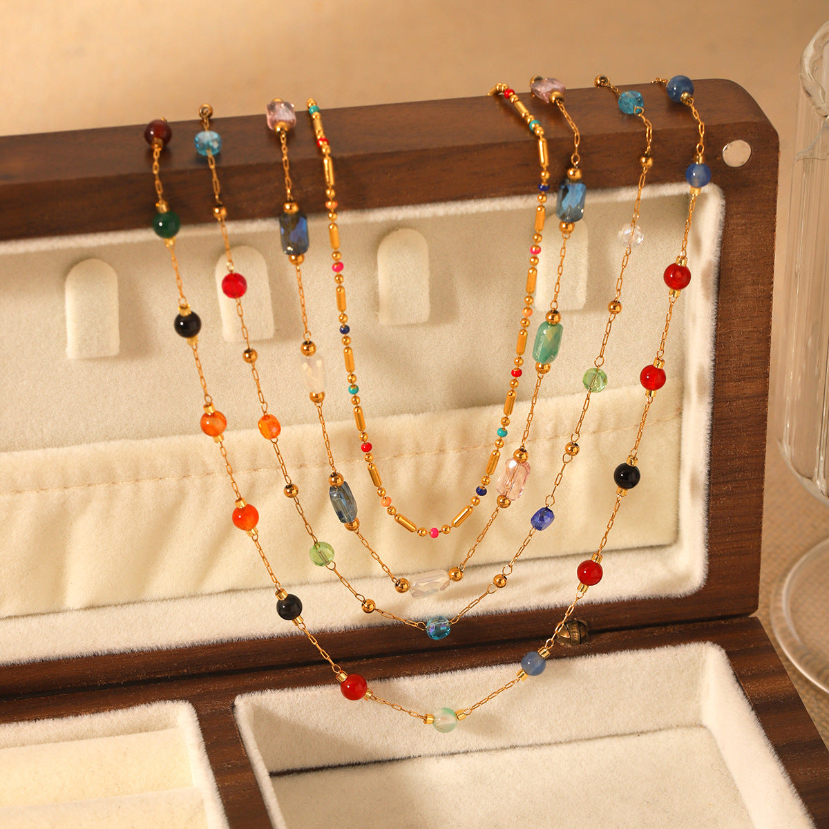 Bohemian Style Geometric Stainless Steel Beaded Necklace for Women with Natural Stone Accents and Clavicle Chain Design