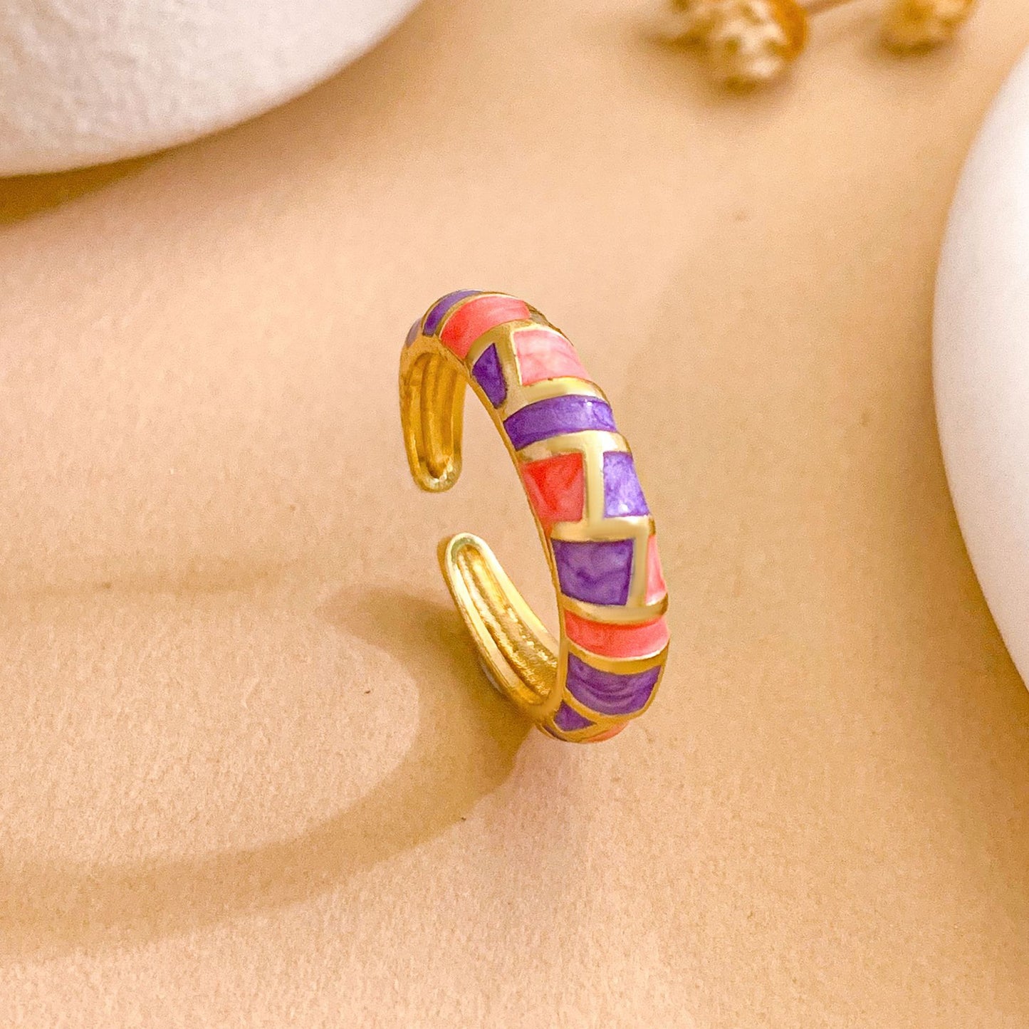 Minimalist Geometric Enamel Gold Plated Brass Ring with Polka Dot Pattern Adjustable Open Design for Women