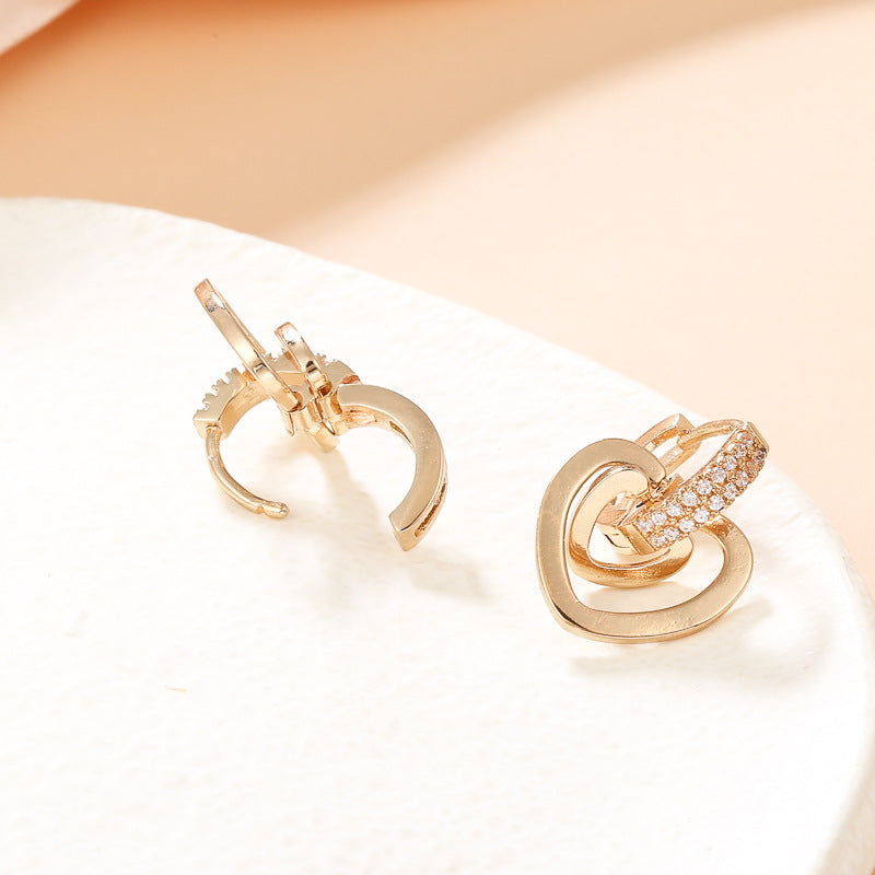 Pendientes de Cobre de Doble Capa con Forma de Corazón, Minimalistas de Lujo, con Baño de Oro de 18K e Incrustaciones de Pedrería para Mujer