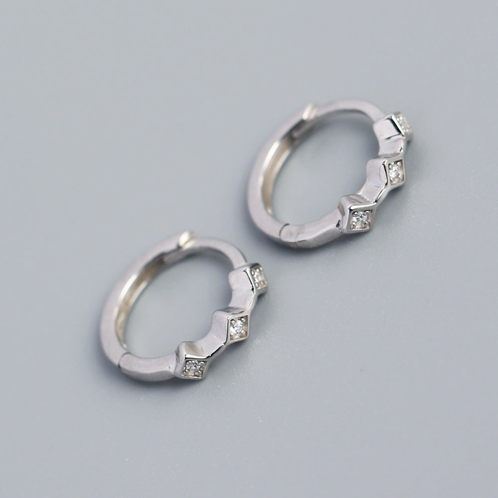 Minimalist Geometric Rhombus-Shaped S925 Sterling Silver Stud Earrings with Rhinestone Inlay