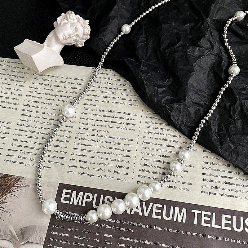 Collar de perlas geométrico de acero titanio con incrustaciones de perlas para estilo urbano unisex