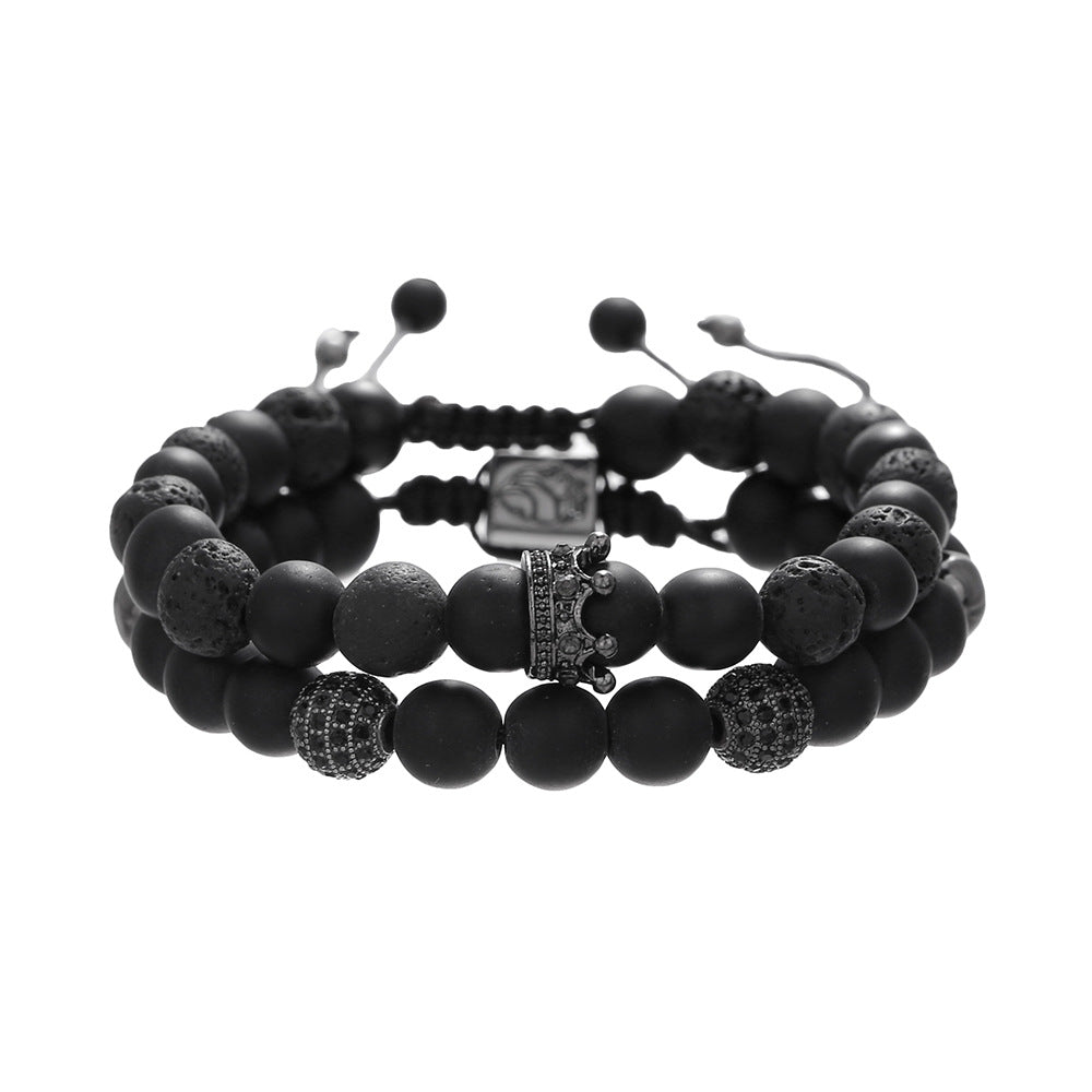 Sporty Crown Black Agate Beaded Bracelet for Men and Women