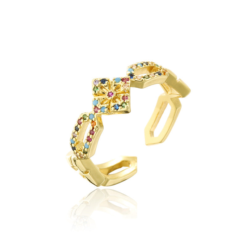 Geometric Micro-Inlay Gold Plated Brass Ring for Women