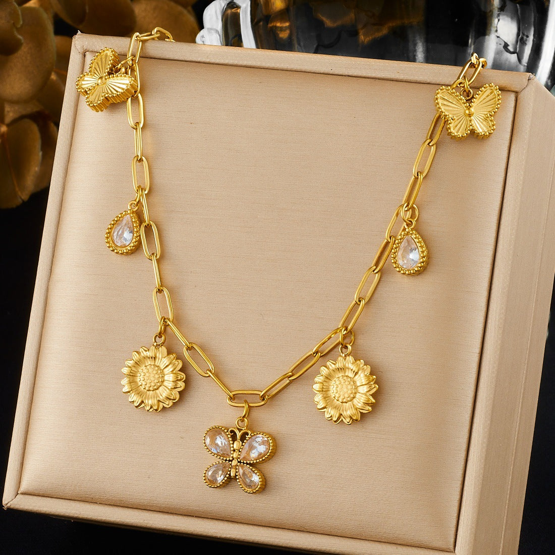 Gold Plated Rhinestone Butterfly Teardrop Pendant Stainless Steel Curb Chain Jewelry Set for Women