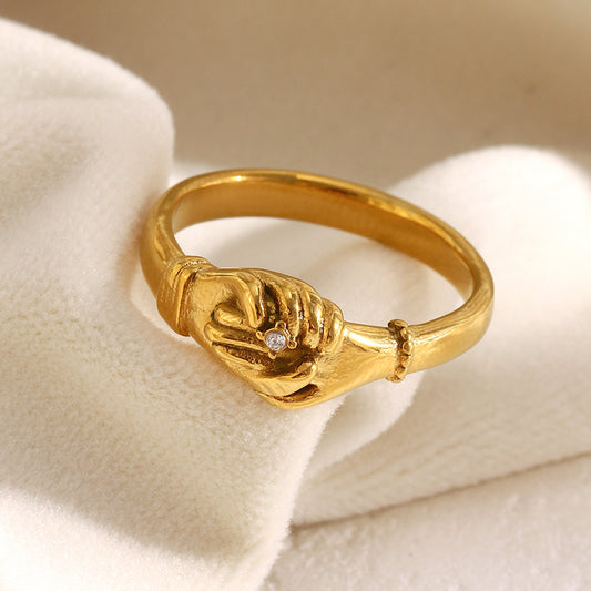 Minimalist Geometric Stainless Steel Plated 18K Gold Handshake Ring for Women with Rhinestone Accents