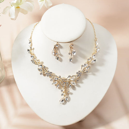 Elegante Set di Collana e Orecchini Placcati in Lega con Strass Floreali da Donna