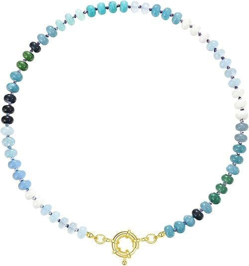 Sweet 8mm Natural Stone Bead Necklace Stainless Steel Geometric Round Ball Chain for Women