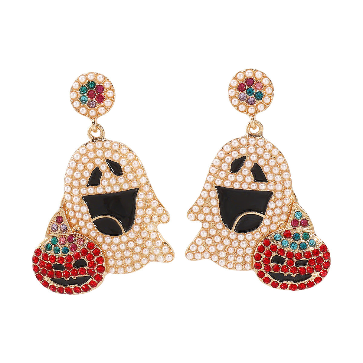 Pendientes de aleación con forma de fantasma, dulces y atrevidos, con detalles de diamantes de imitación y perlas de imitación para mujer