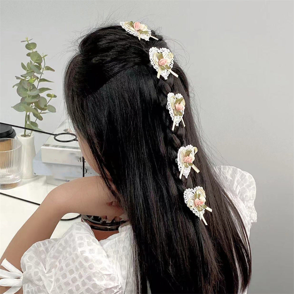 Set di fermagli per capelli per bambini in tessuto con cuore dolce e fiocco floreale