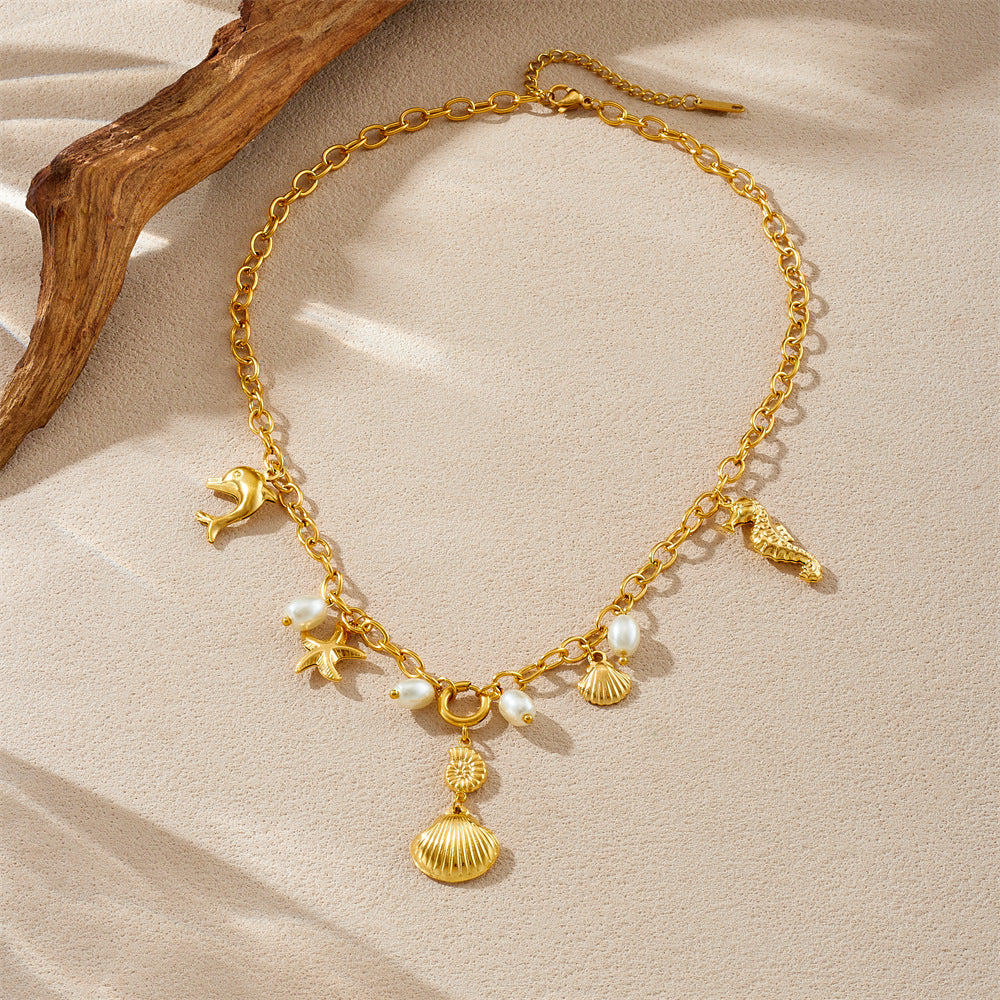 Chic Gold Plated Stainless Steel Starfish and Seahorse Necklace for Women