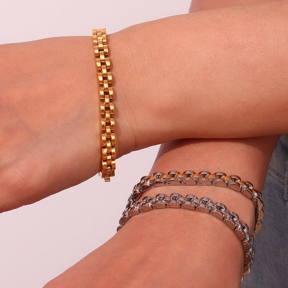 Minimalist Geometric Stainless Steel Plated 18K Gold Fine Watch-Style Bracelet for Women