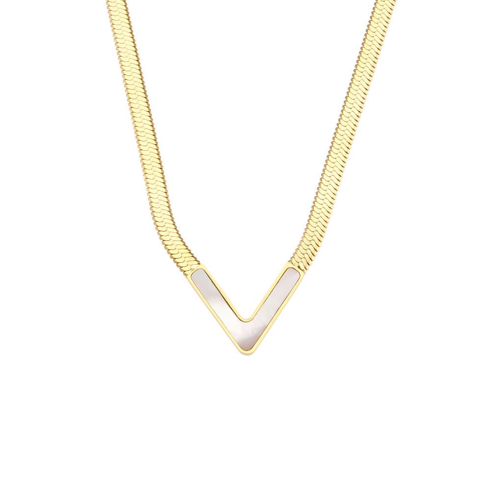 Fashionable Geometric V-Shaped Natural White Abalone Black Abalone Green Malachite Pendant Necklace for Women in Stainless Steel with 18K Gold Plating on Flat Snake Chain