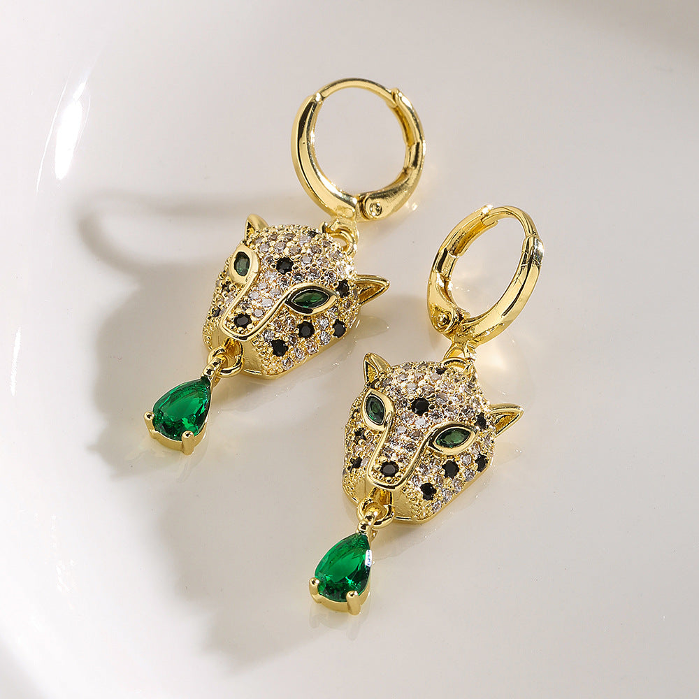 Minimalist Leopard-Shaped Copper Pendant Earrings with 18K Gold Plating and Micro-Pavé Setting for Women