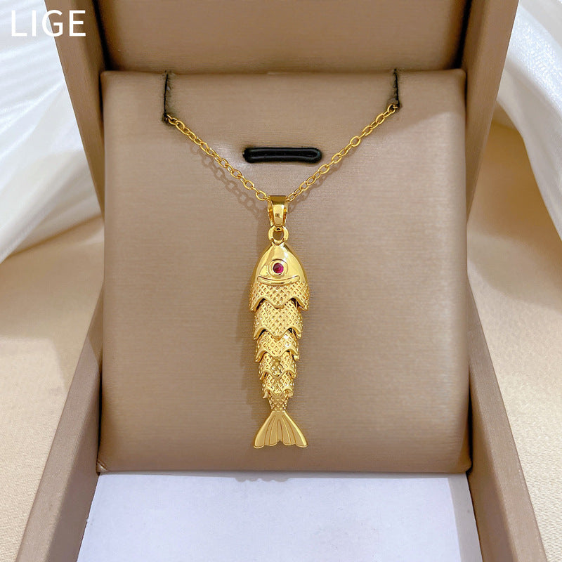 Sweet Luxury Geometric Rhinestone Koi Fish Pendant Titanium Steel Necklace for Unisex