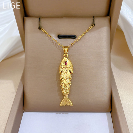 Sweet Luxury Geometric Rhinestone Koi Fish Pendant Titanium Steel Necklace for Unisex