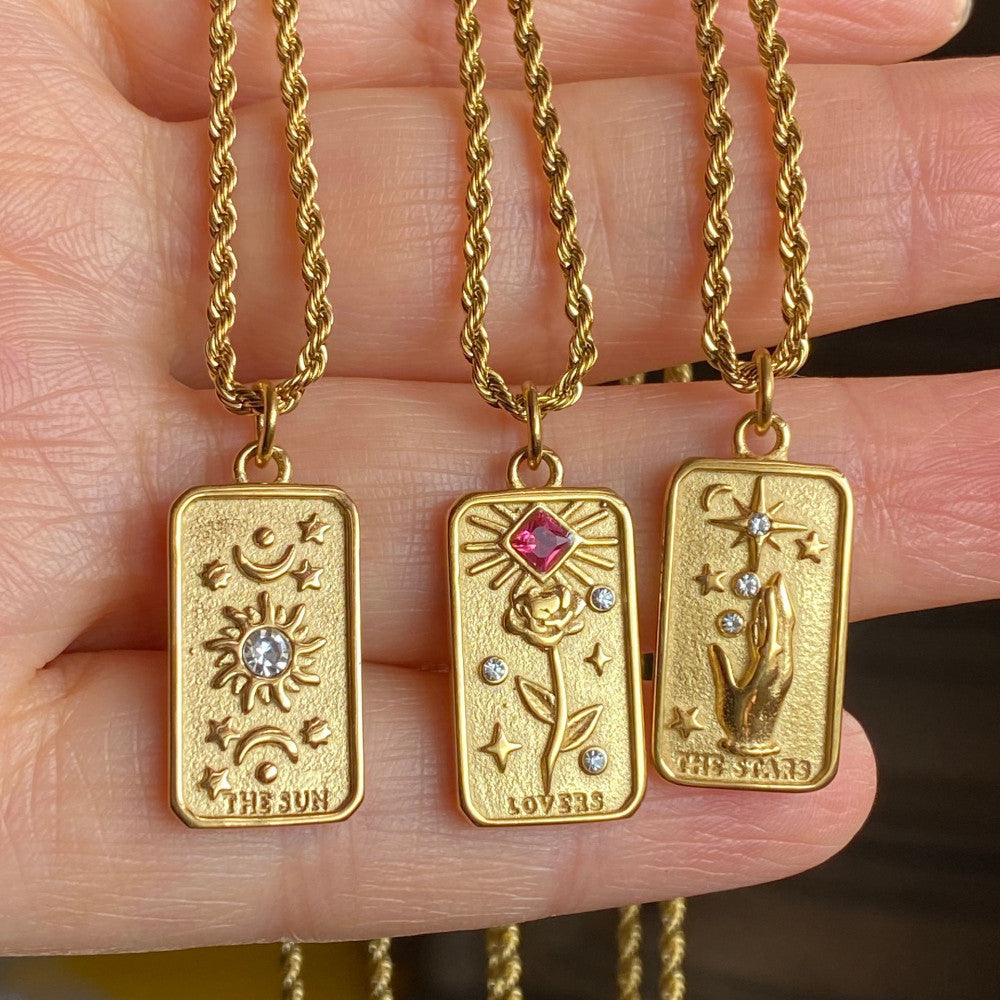 Minimalist Geometric Rectangular Sun God Floral Pendant Necklace in Titanium Steel with Rhinestone Inlay and Plated Finish