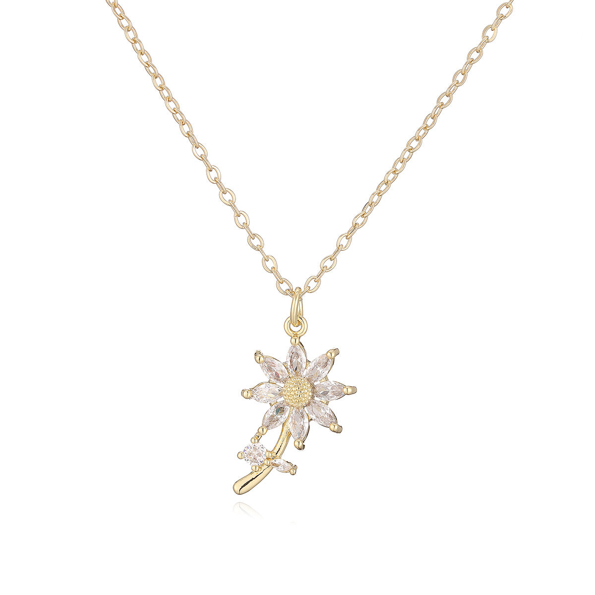 Minimalist 18K Gold Plated Brass Geometric Cubic Zirconia Sunflower Pendant Necklace for Women