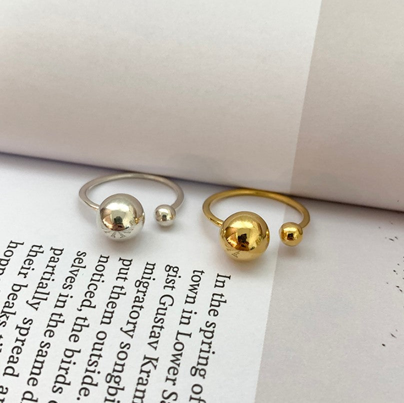 S925 Sterling Silver Geometric Ring with Round and Oval Beads Adjustable Open Band Minimalist Fashion Stackable Finger Ring for Women