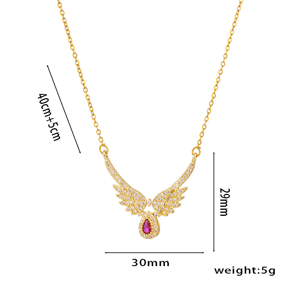 Minimalist Angel Wing Pendant Necklace for Women in Titanium Steel with Rhinestone Inlay on O-Chain