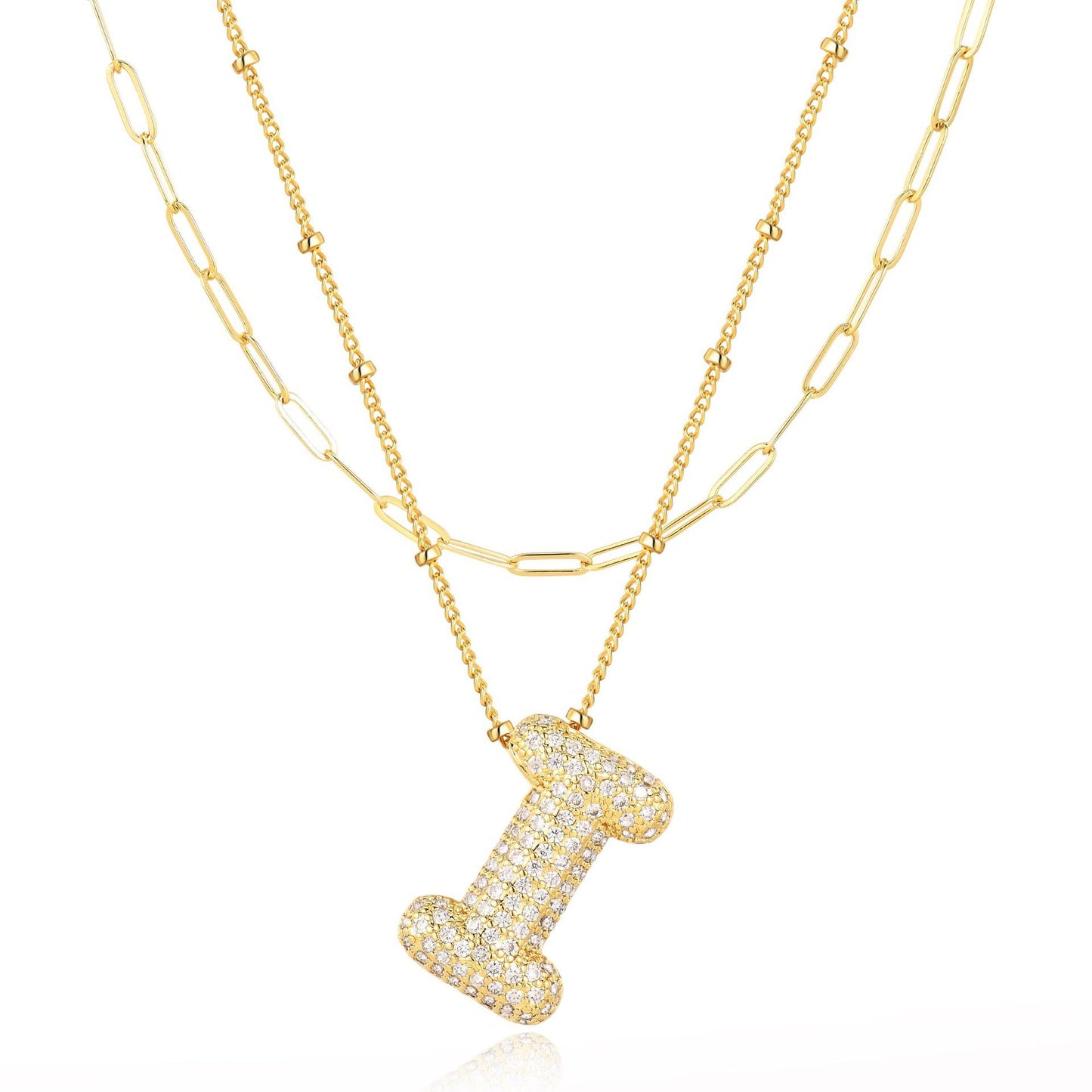 18K Gold Plated Brass Double Layer Letter Necklace Micro Pave Cubic Zirconia Serpentine Chain Women's Jewelry