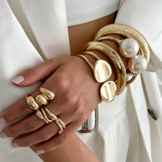 Oversized Pearl-Style Open Bangle Bracelet with Wide Band, Dripping Texture, Electroplated Alloy, Spring Clasp
