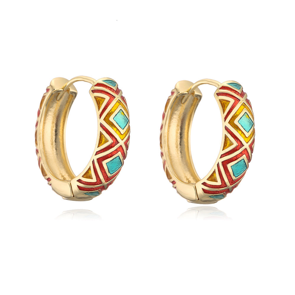 Orecchini a Cerchio Geometrici Minimalisti Retrò da Donna in Ottone Placcato Oro 18K con Finitura Smaltata