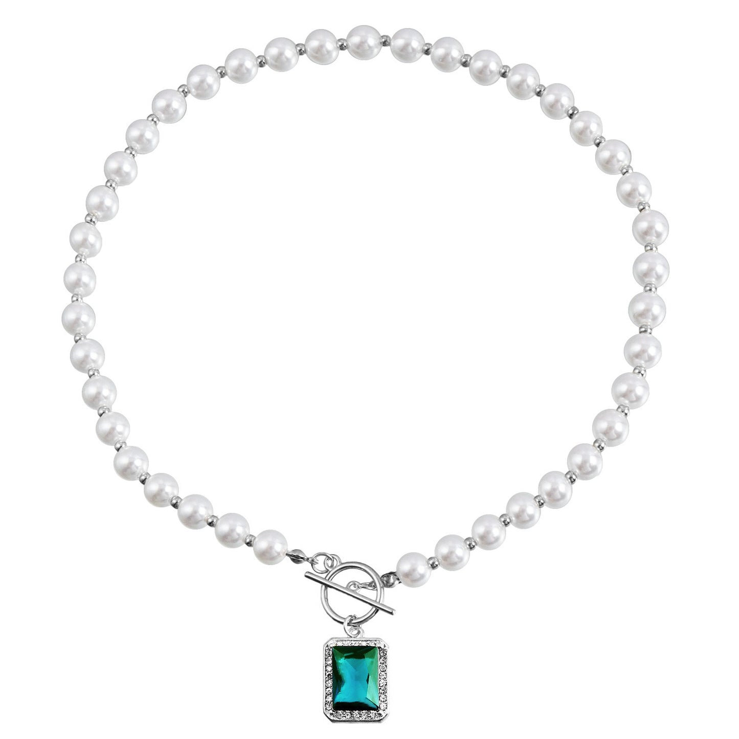 Fashion Minimalist Geometric Rectangle Pearl-Style Pendant Necklace with Rhinestone Accents on Clavicle Chain